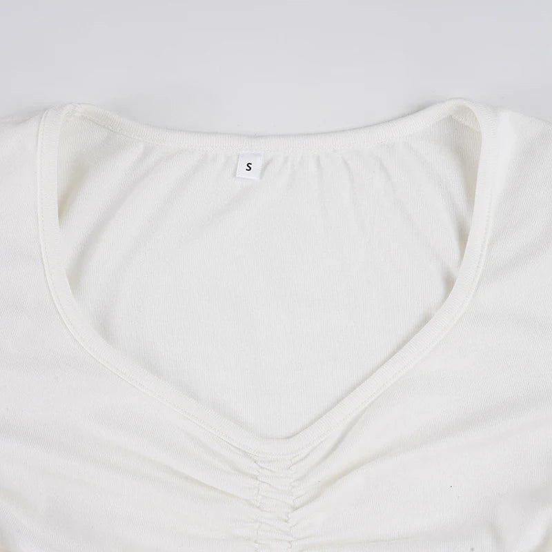 SUCHCUTE White Casual V Neck Pleated T Shirts For Women Long Sleeve Tees Y2k Streetwear Crop Tops Elegant Basic Clothing Autumn