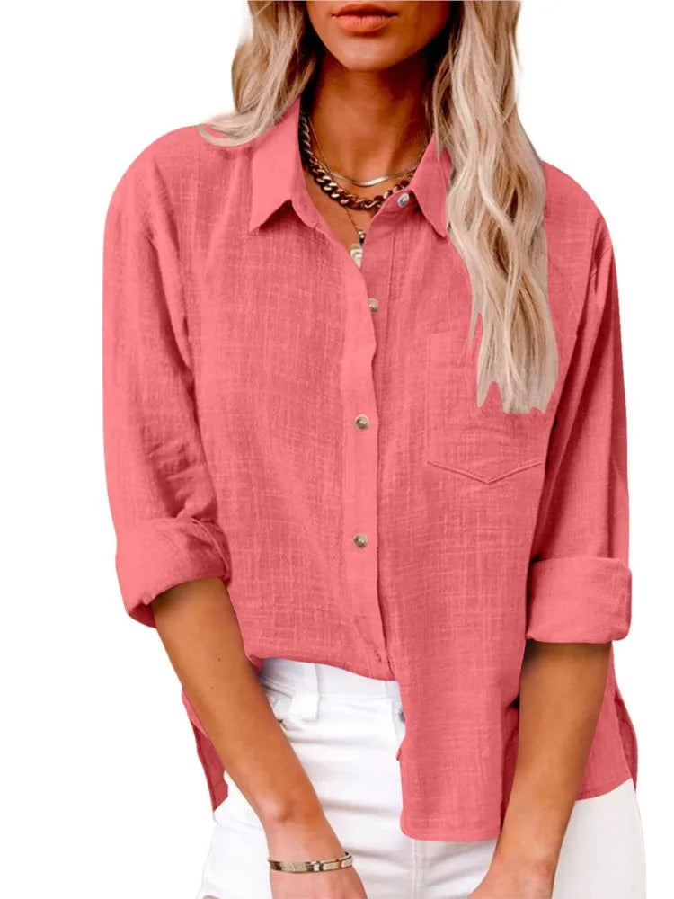 Women Casual Loose Solid Shirt Spring Summer Fashion Elegant Long Sleeve Button Office Holiday Top Shirts Blouses Women Casual