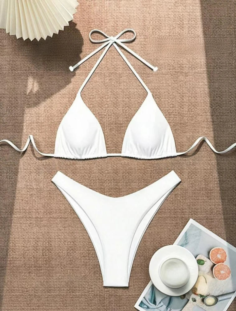 Women Thong Bikini Sexy Solid White/Black/Coffee Halter Swimsuit Lace Up Brazilian Bathing Suit 2025 New Double Fabric Beachwear