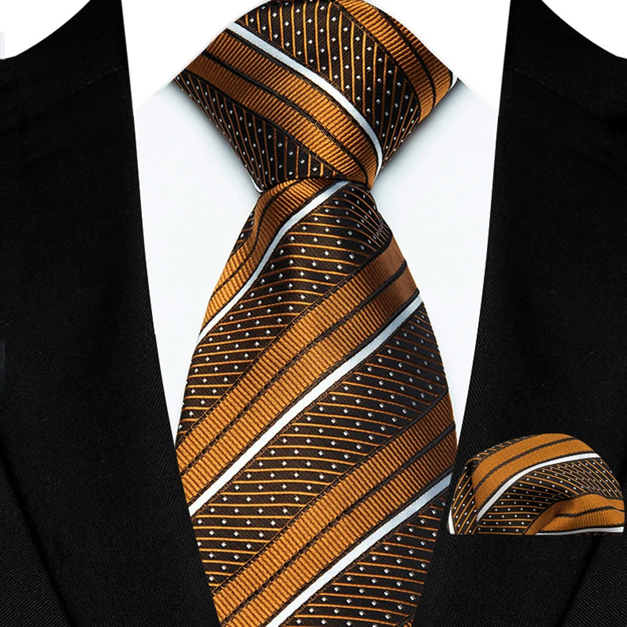 Mens 8cm Tie Set Orange Brown Floral Stripes Wedding Tie Hadkerchief Set For Men Fashion Design Quality Hanky Necktie Set