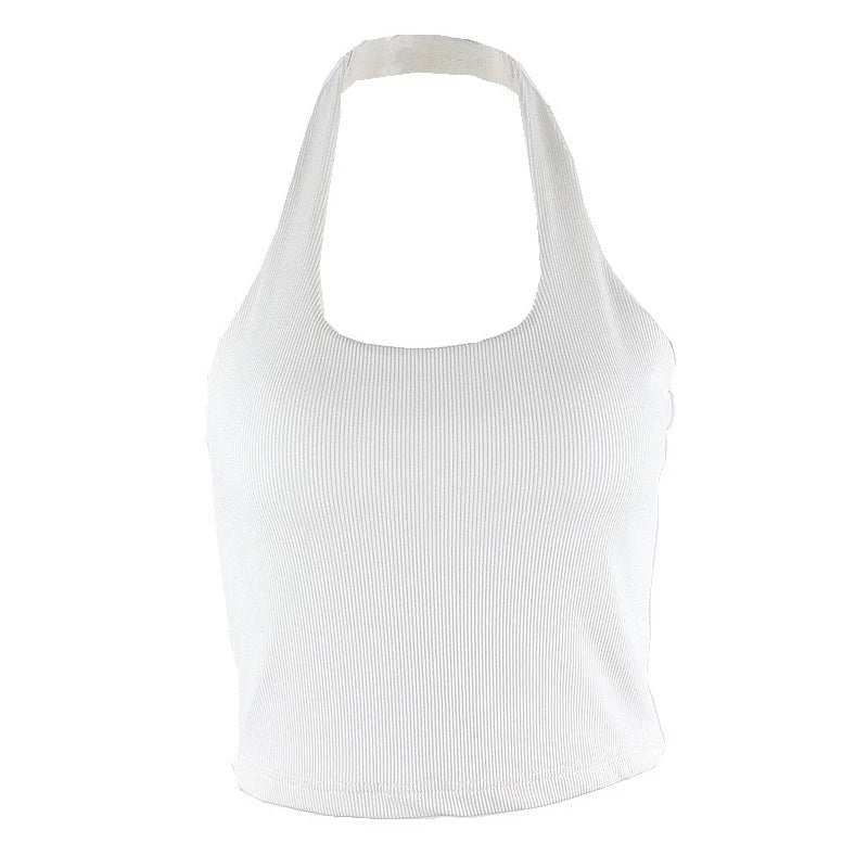 White Halter Sexy Backless Tank Tops for Women Streetwear 2024 Sleeveless Ribbed Knit Vest Top Cropped Feminino