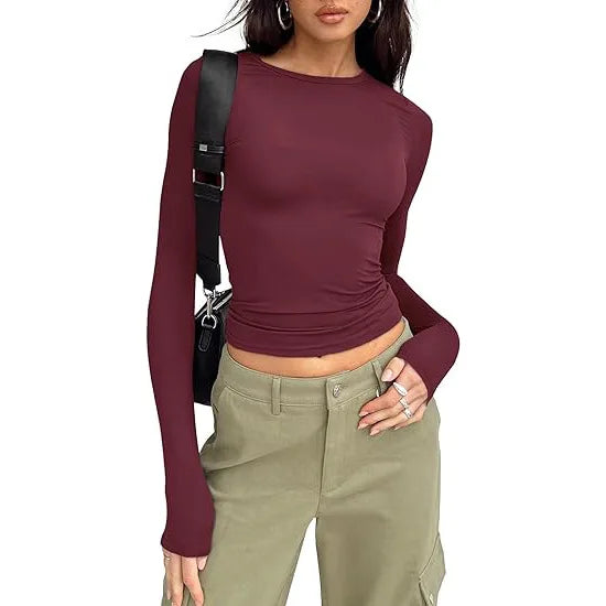1pcs Four Seasons Fashion Senior Women T-shirt Long Sleeve Crew Neck Solid Slim Fit Tee Ladies Crop Top Daily Streetwear Camis