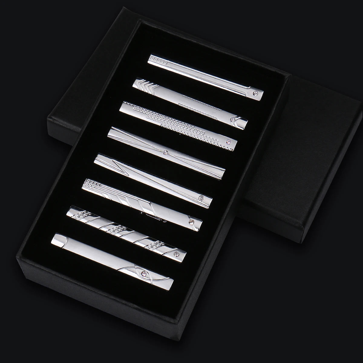 8pcs Tie Clips Metal Diamond With Box For Men Wedding Mens Necktie Clips Set Chrome Stainless Steel Jewelry Gentleman Ties Pin