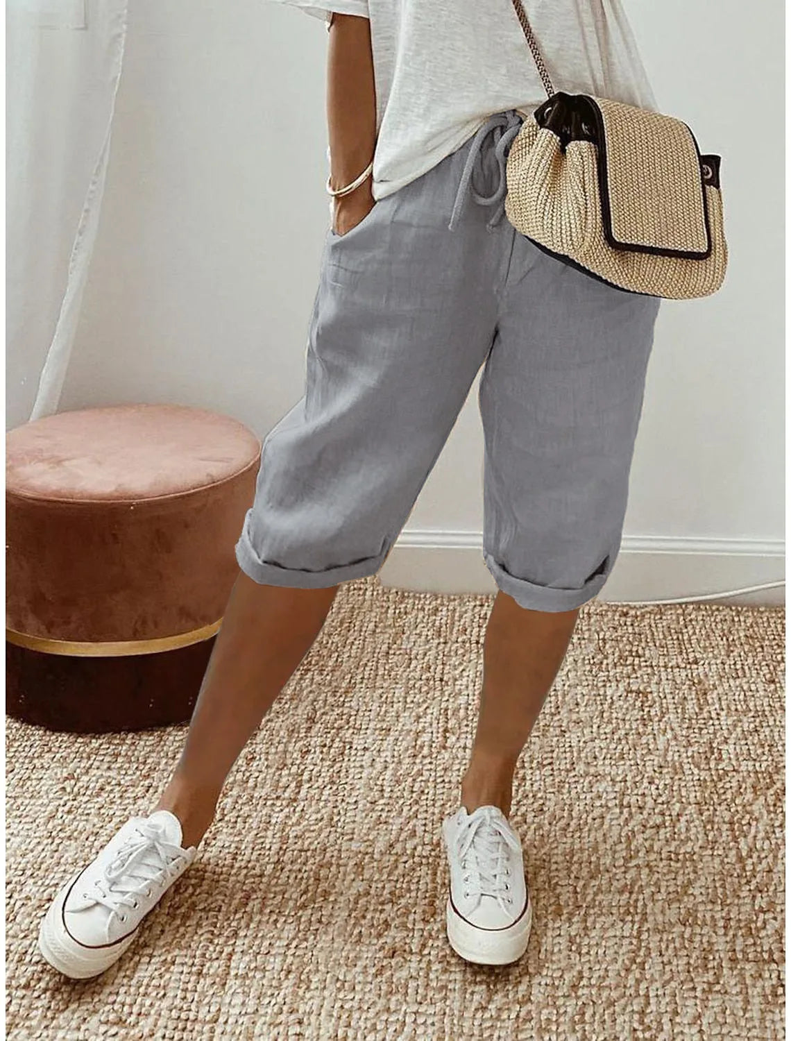 Shorts Women summer cotton linen elastic waist pocket elastic casual pants five quarter women&