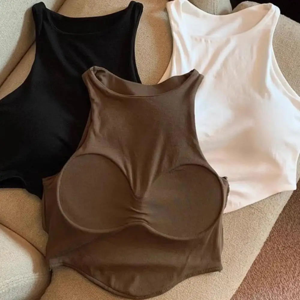 Summer Women Tank Tops Camisole With Padded Bra Solid Color Sexy Off Shoulder O Neck Elastic Sport Vest Push Up Base Shirt