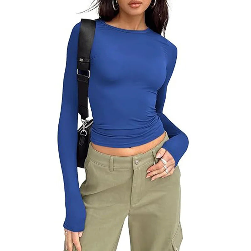 1pcs Four Seasons Fashion Senior Women T-shirt Long Sleeve Crew Neck Solid Slim Fit Tee Ladies Crop Top Daily Streetwear Camis