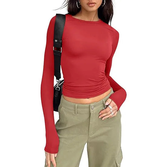 1pcs Four Seasons Fashion Senior Women T-shirt Long Sleeve Crew Neck Solid Slim Fit Tee Ladies Crop Top Daily Streetwear Camis