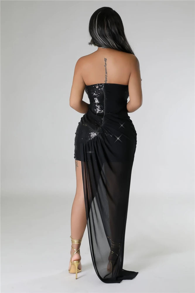 HBLL Womens Chiffon Patchwork Sequins Long Maxi Dress Glam Sleeveless Ruched Carpet Party Dress Celebrities Outfits Clubwear