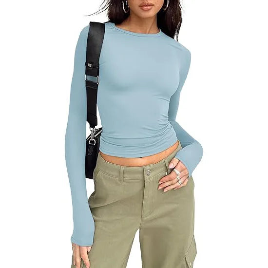 1pcs Four Seasons Fashion Senior Women T-shirt Long Sleeve Crew Neck Solid Slim Fit Tee Ladies Crop Top Daily Streetwear Camis