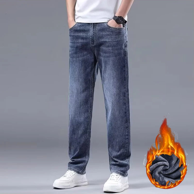 Men New Fleece Lined Thickened Jeans Male Winter Loose Straight Slim Fit Denim Pants High End Casual Elasticity Trousers