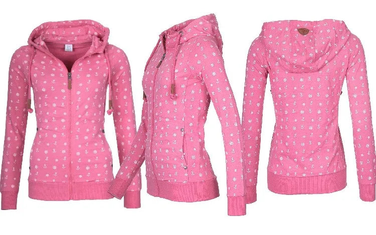 Floral Print Loose Long Sve Zipper Jaet Women&