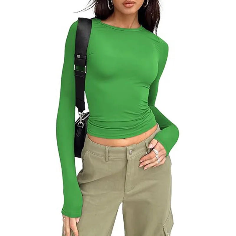 1pcs Four Seasons Fashion Senior Women T-shirt Long Sleeve Crew Neck Solid Slim Fit Tee Ladies Crop Top Daily Streetwear Camis