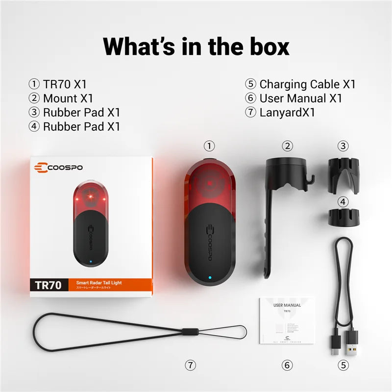 COOSPO TR70 Radar Tail Light Smart Bike Taillight Brake Warning IP67 Waterproof Cycling Rear Light 7 Light Modes Tail Lamp