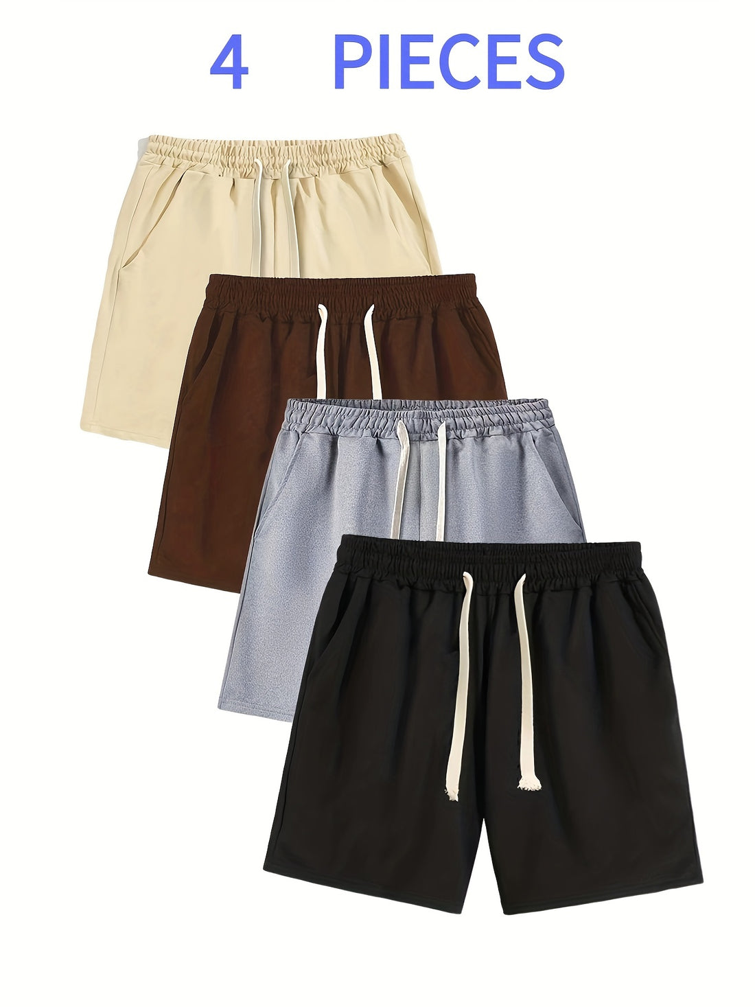 4 Pcs Comfy Solid Color Mens Shorts - Soft Stretchy Polyester Fabric, Drawstring Waist, Loose Fit, Breathable, Lightweight, Ideal for Summer Leisure, Outdoor Activities, and Daily Loungewear - Perfect Gift for Him