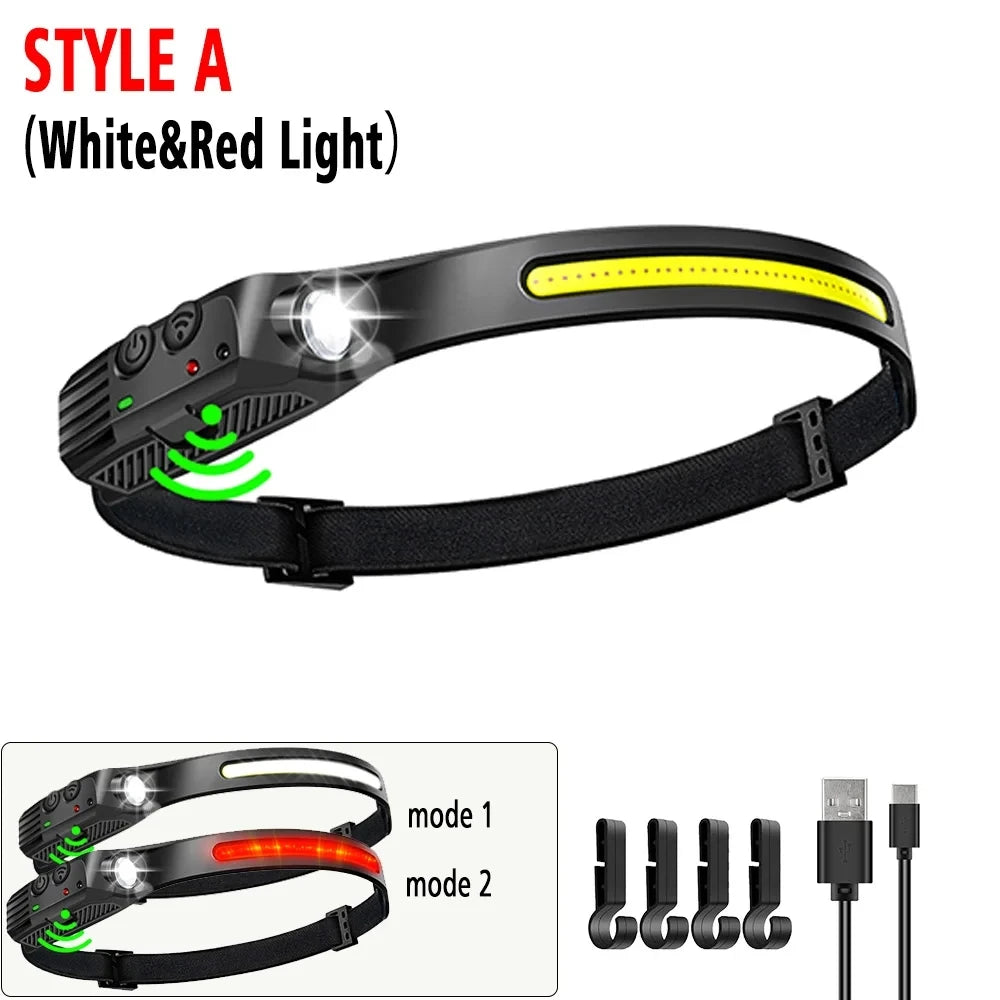 Multi-functional COB Headlamp Induction 6000K LED Bar Head Torch Work Light 5 Modes Rechargeable for Climbing Running Cycling