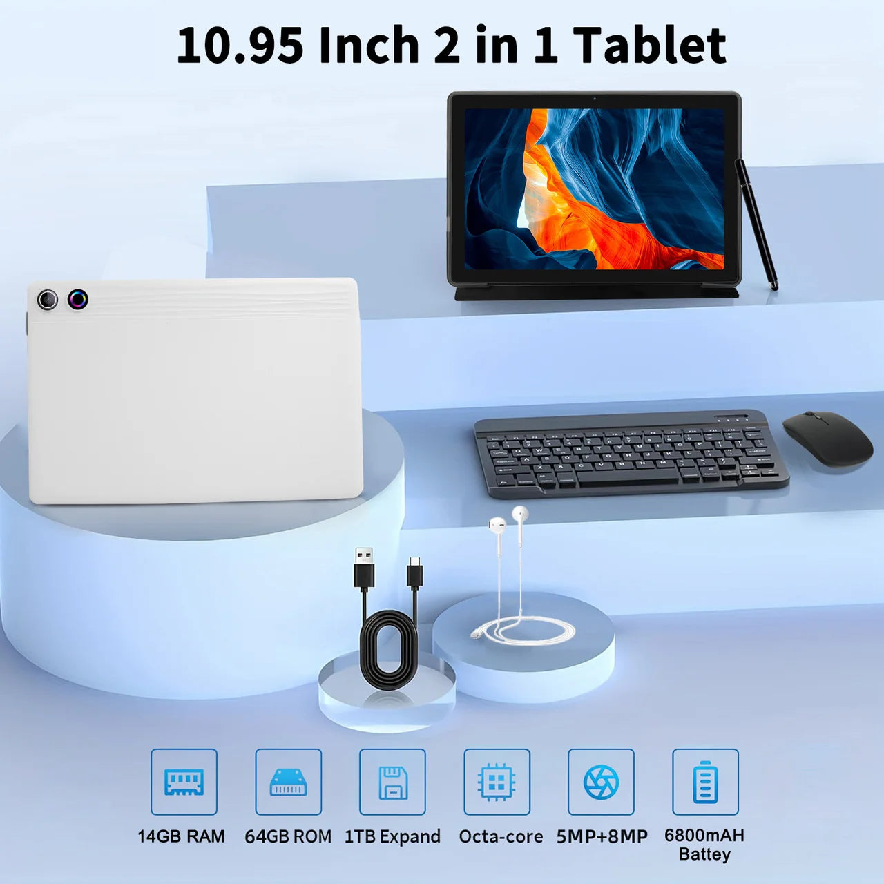 11 Inch Android 14 Tablet Octa-Core 14GB+64GB 1TB Expand 6800mAh Battery With Protective Case Stylus Keyboard Mouse Headphones