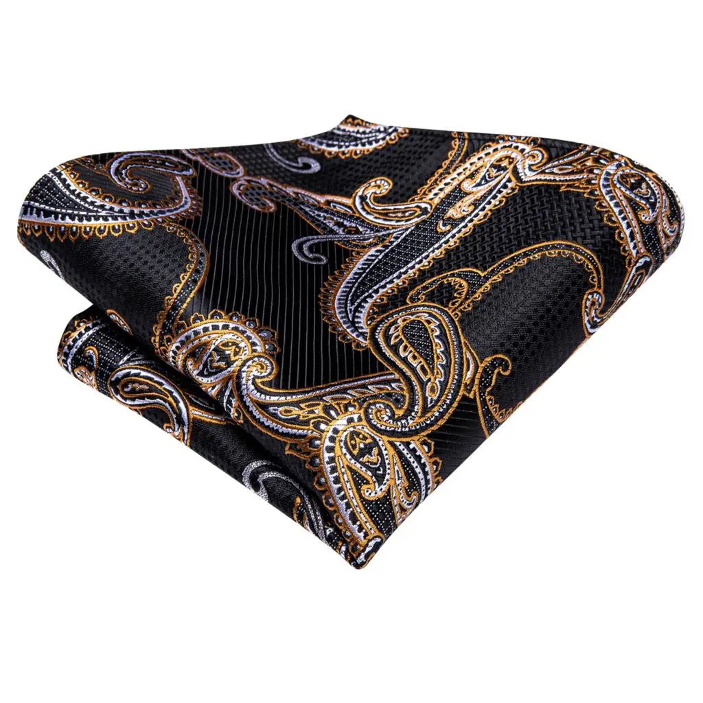 Hi-Tie Silk Mens Ascot Hanky Cufflinks Set Black Yellow White Paisley Cravat Tie Vest Dress Ascots Self Vintage Jacquard Woven