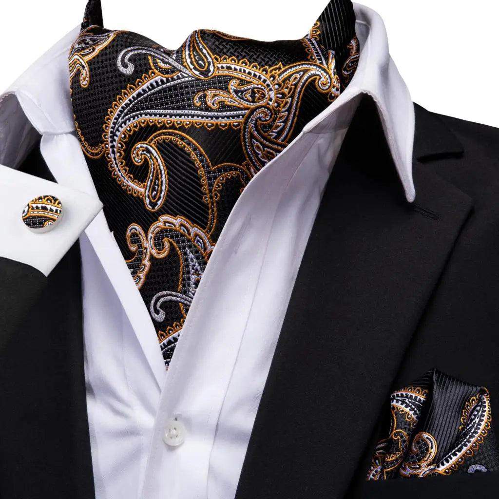 Hi-Tie Silk Mens Ascot Hanky Cufflinks Set Black Yellow White Paisley Cravat Tie Vest Dress Ascots Self Vintage Jacquard Woven