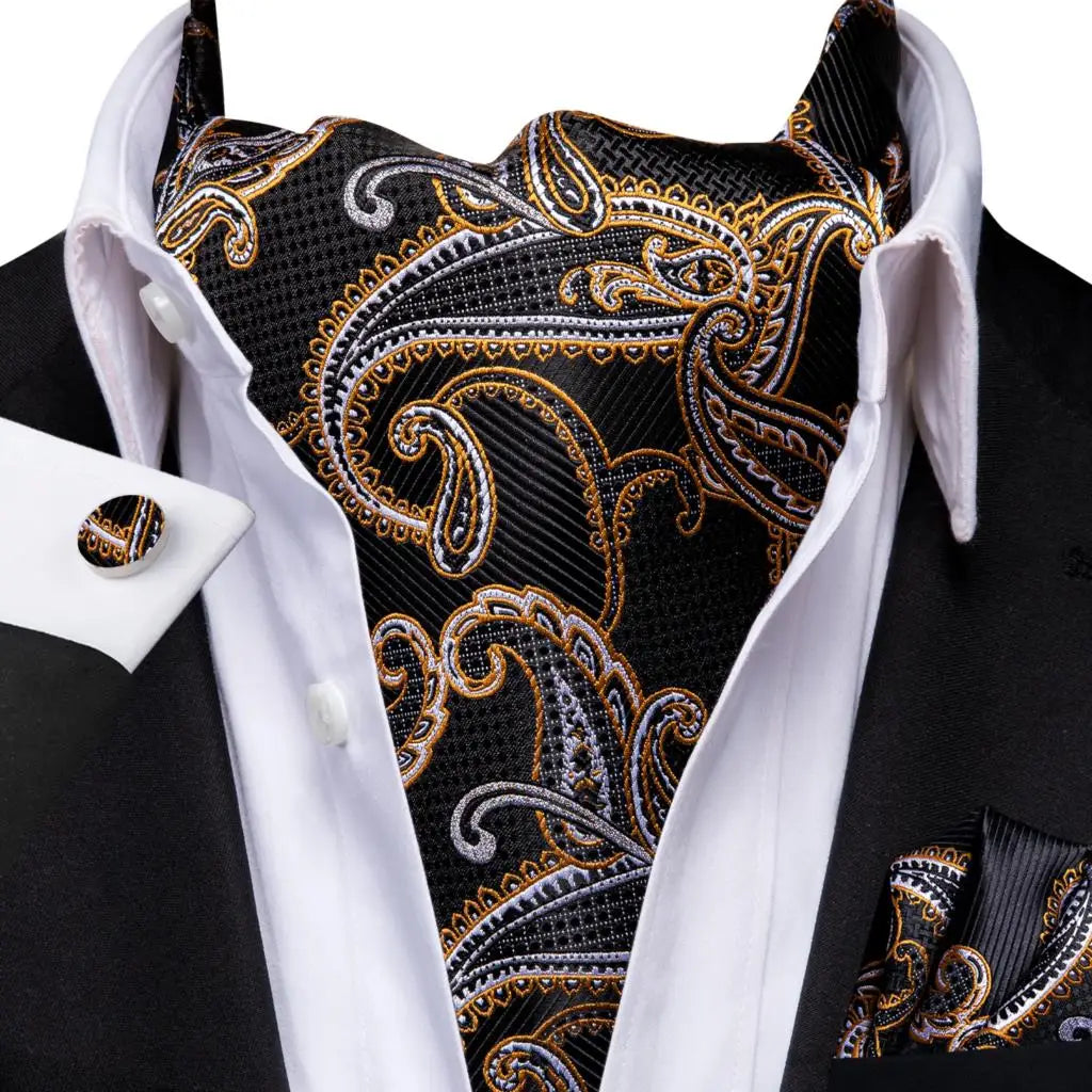 Hi-Tie Silk Mens Ascot Hanky Cufflinks Set Black Yellow White Paisley Cravat Tie Vest Dress Ascots Self Vintage Jacquard Woven