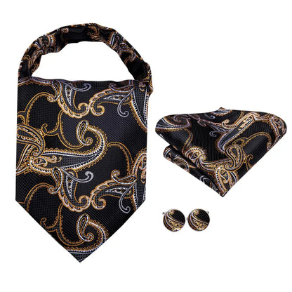Hi-Tie Silk Mens Ascot Hanky Cufflinks Set Black Yellow White Paisley Cravat Tie Vest Dress Ascots Self Vintage Jacquard Woven