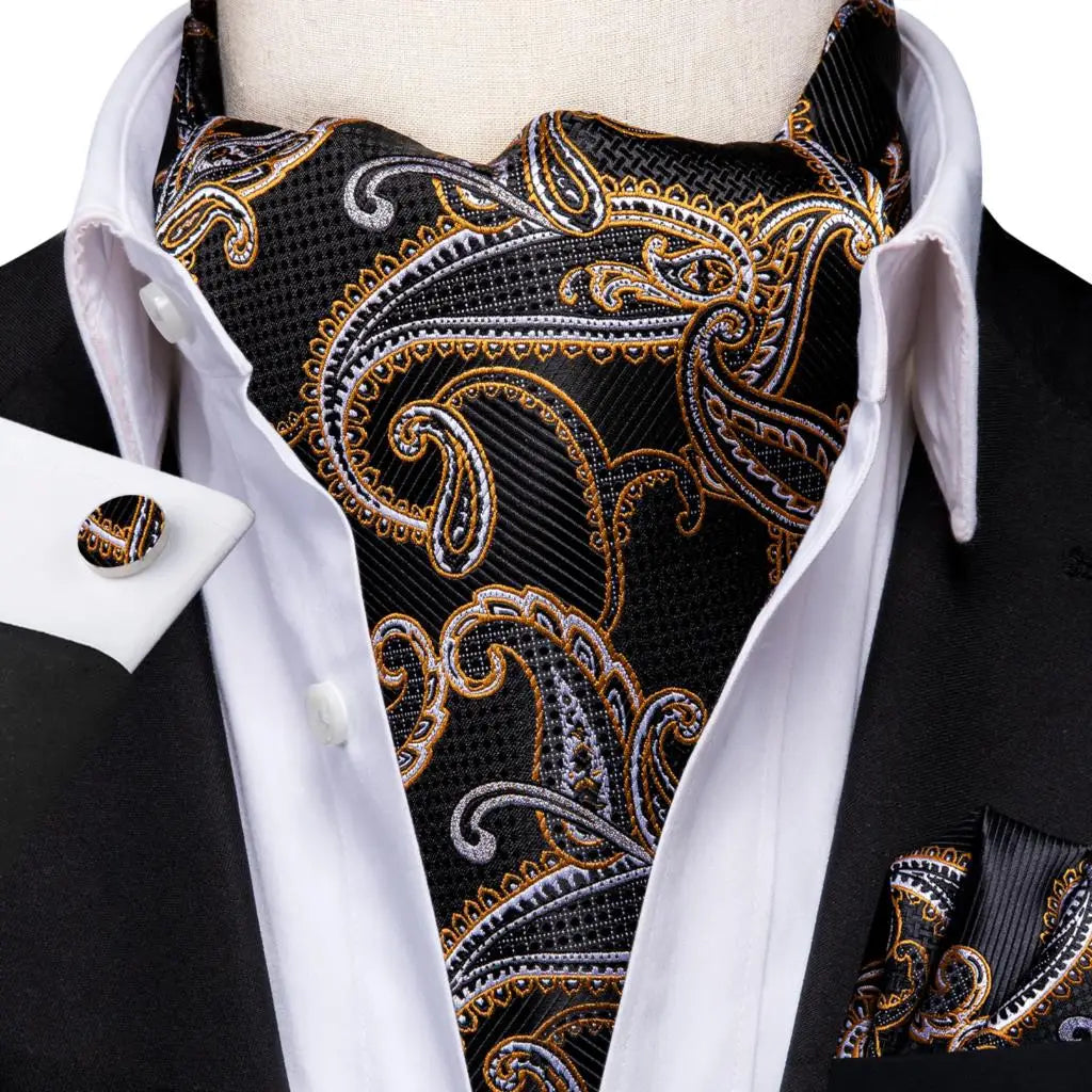 Hi-Tie Silk Mens Ascot Hanky Cufflinks Set Black Yellow White Paisley Cravat Tie Vest Dress Ascots Self Vintage Jacquard Woven