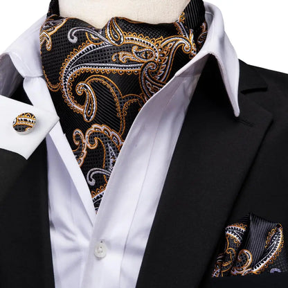 Hi-Tie Silk Mens Ascot Hanky Cufflinks Set Black Yellow White Paisley Cravat Tie Vest Dress Ascots Self Vintage Jacquard Woven