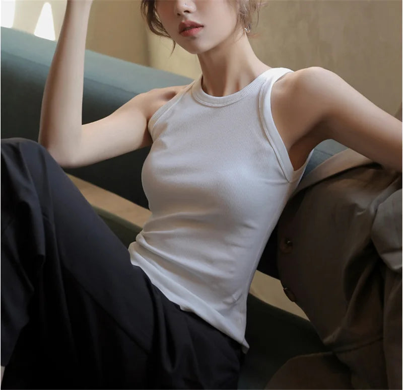 DOIAESKV Basic Solid T shirts Women Slim Halter Neck Off-shoulder Camisole Tops Tees Summer Female Tanks Sleeveless Dropshipping