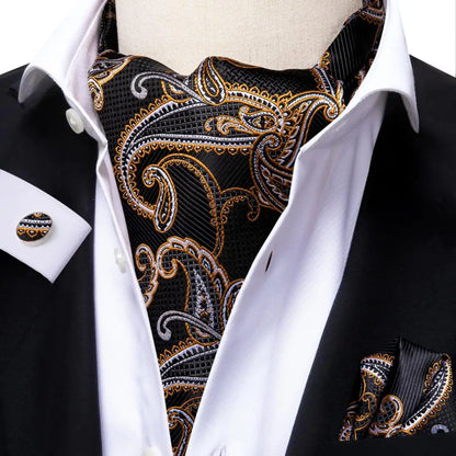 Hi-Tie Silk Mens Ascot Hanky Cufflinks Set Black Yellow White Paisley Cravat Tie Vest Dress Ascots Self Vintage Jacquard Woven