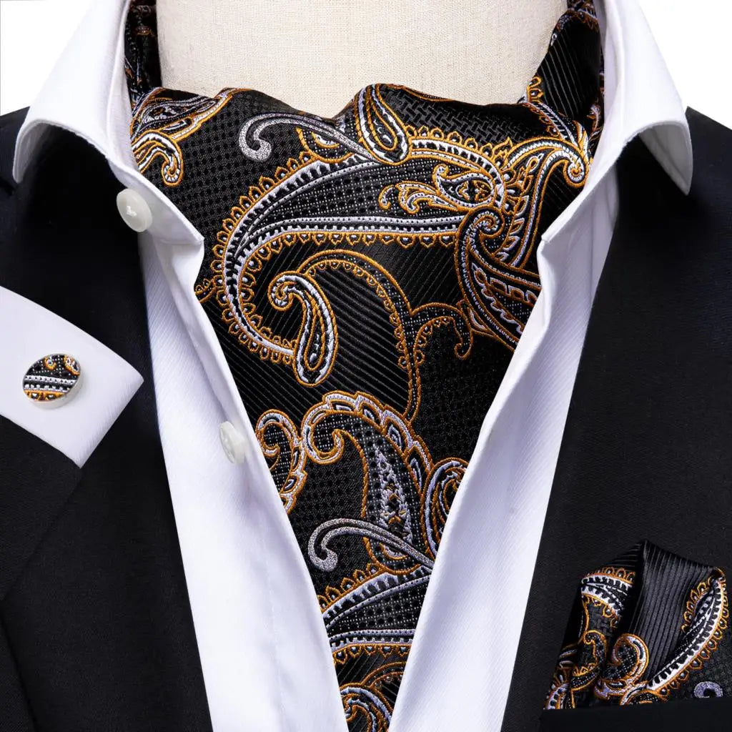 Hi-Tie Silk Mens Ascot Hanky Cufflinks Set Black Yellow White Paisley Cravat Tie Vest Dress Ascots Self Vintage Jacquard Woven