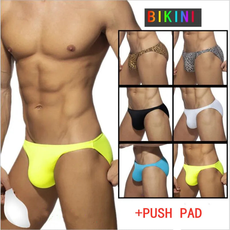 New Mens Sexy Swimsuit Leopard Print Swimwear Men Swimming Shorts Low Waist Briefs Bathing Beach Wear Surf Homme Push Pad Bikini