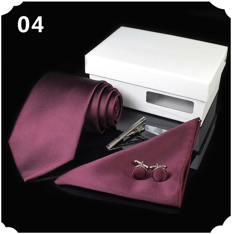 Mens Tie Silk 8cm Formal Necktie Handkerchief Cufflinks Gift box set Solid Red Yellow Ties For Man Business Wedding Gift Party