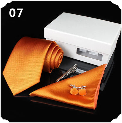 Mens Tie Silk 8cm Formal Necktie Handkerchief Cufflinks Gift box set Solid Red Yellow Ties For Man Business Wedding Gift Party