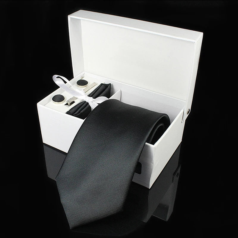 Mens Tie Silk 8cm Formal Necktie Handkerchief Cufflinks Gift box set Solid Red Yellow Ties For Man Business Wedding Gift Party