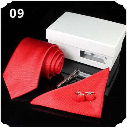 Mens Tie Silk 8cm Formal Necktie Handkerchief Cufflinks Gift box set Solid Red Yellow Ties For Man Business Wedding Gift Party