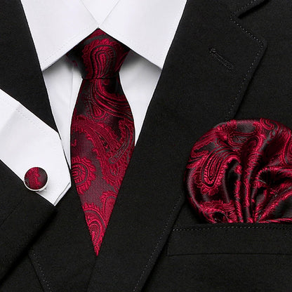 Men`s Tie Red Plaid print Jacquard Woven Tie Hanky Cufflinks Sets For Formal Wedding Business Party Free Postage