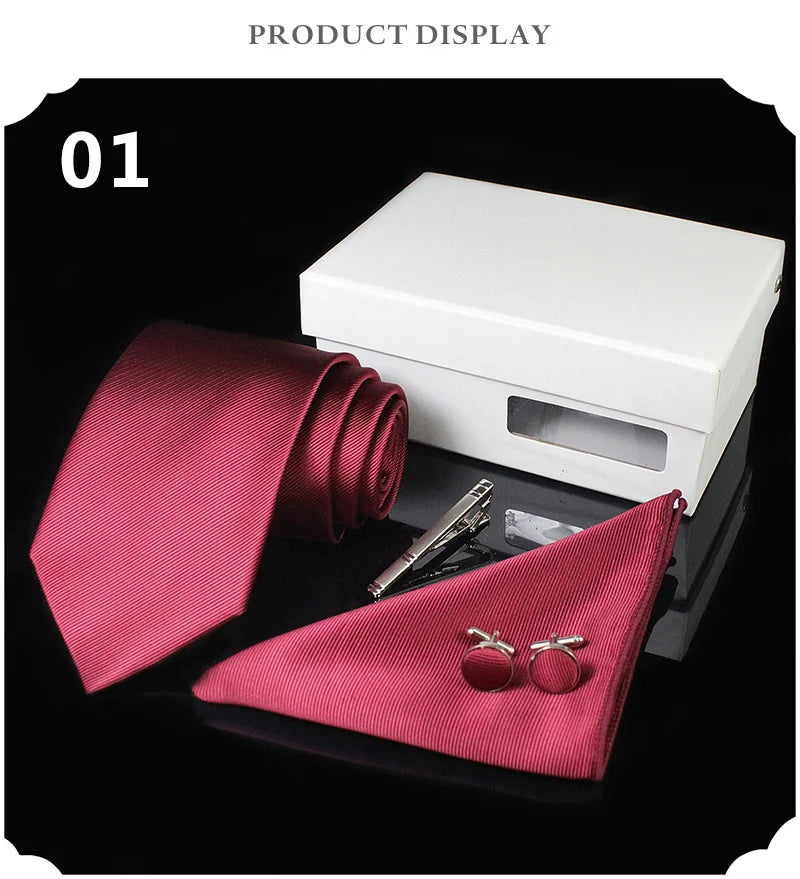 Mens Tie Silk 8cm Formal Necktie Handkerchief Cufflinks Gift box set Solid Red Yellow Ties For Man Business Wedding Gift Party