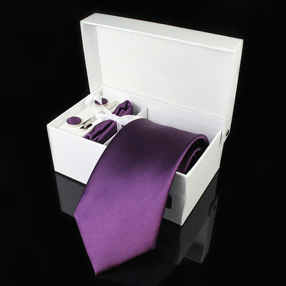 Mens Tie Silk 8cm Formal Necktie Handkerchief Cufflinks Gift box set Solid Red Yellow Ties For Man Business Wedding Gift Party