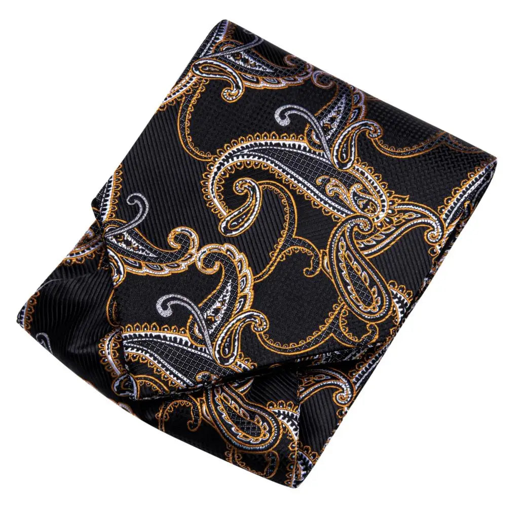 Hi-Tie Silk Mens Ascot Hanky Cufflinks Set Black Yellow White Paisley Cravat Tie Vest Dress Ascots Self Vintage Jacquard Woven