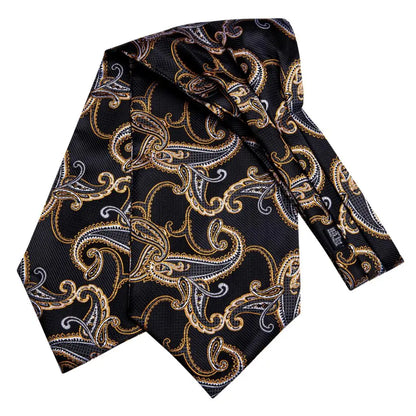 Hi-Tie Silk Mens Ascot Hanky Cufflinks Set Black Yellow White Paisley Cravat Tie Vest Dress Ascots Self Vintage Jacquard Woven