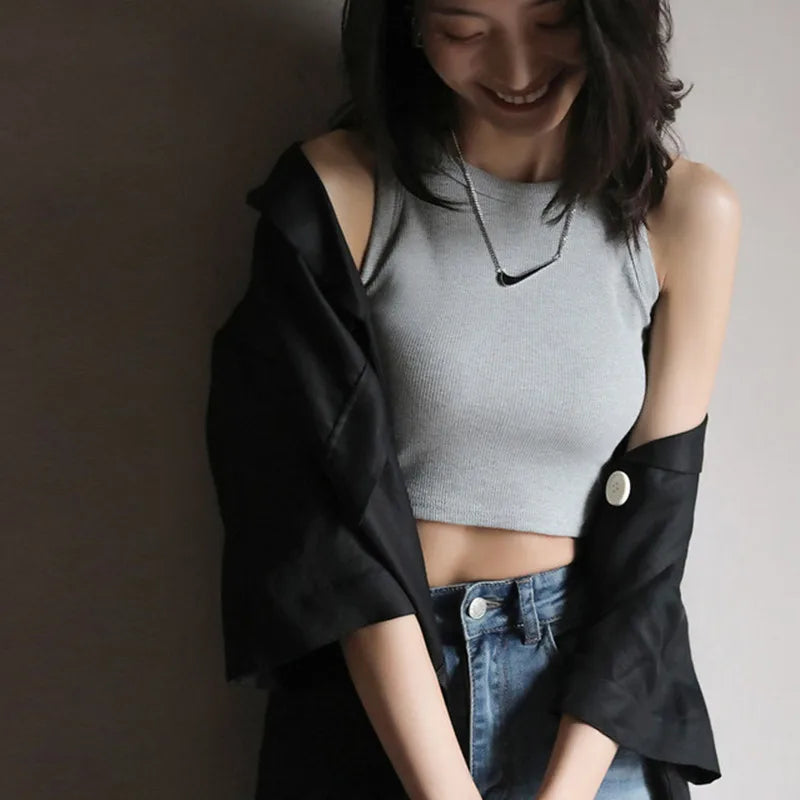 DOIAESKV Basic Solid T shirts Women Slim Halter Neck Off-shoulder Camisole Tops Tees Summer Female Tanks Sleeveless Dropshipping