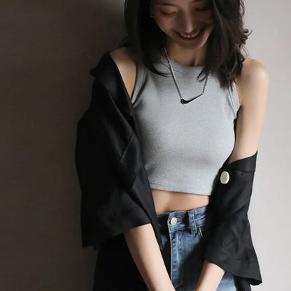 DOIAESKV Basic Solid T shirts Women Slim Halter Neck Off-shoulder Camisole Tops Tees Summer Female Tanks Sleeveless Dropshipping