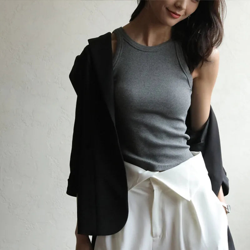 DOIAESKV Basic Solid T shirts Women Slim Halter Neck Off-shoulder Camisole Tops Tees Summer Female Tanks Sleeveless Dropshipping
