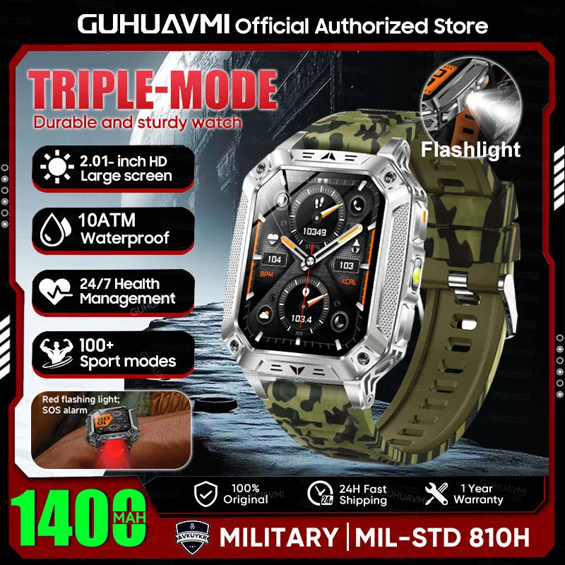 New Rugged Military Smart Watch Men 1400 mAh battery 2.01inch AMOLED Bluetooth Call 10ATM Waterproof LED flashlight Smart watch