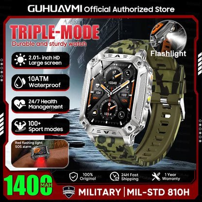 New Rugged Military Smart Watch Men 1400 mAh battery 2.01inch AMOLED Bluetooth Call 10ATM Waterproof LED flashlight Smart watch