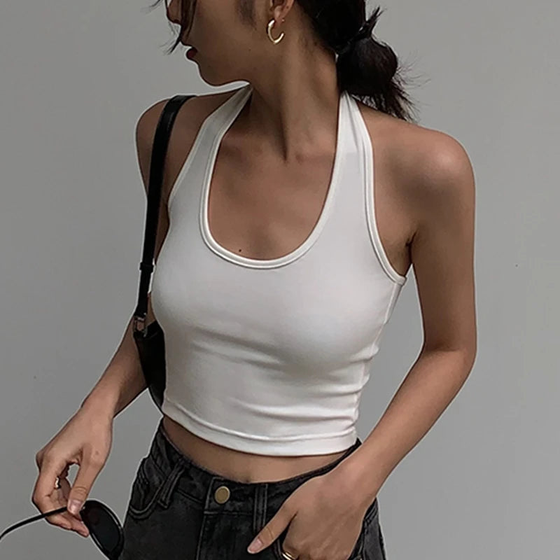 Cotton Sexy Backless Black White Tank Tops Halter Streetwear Vest Female Crop Top Summer 2025 Basic T-shirts Ladies Tube Camis