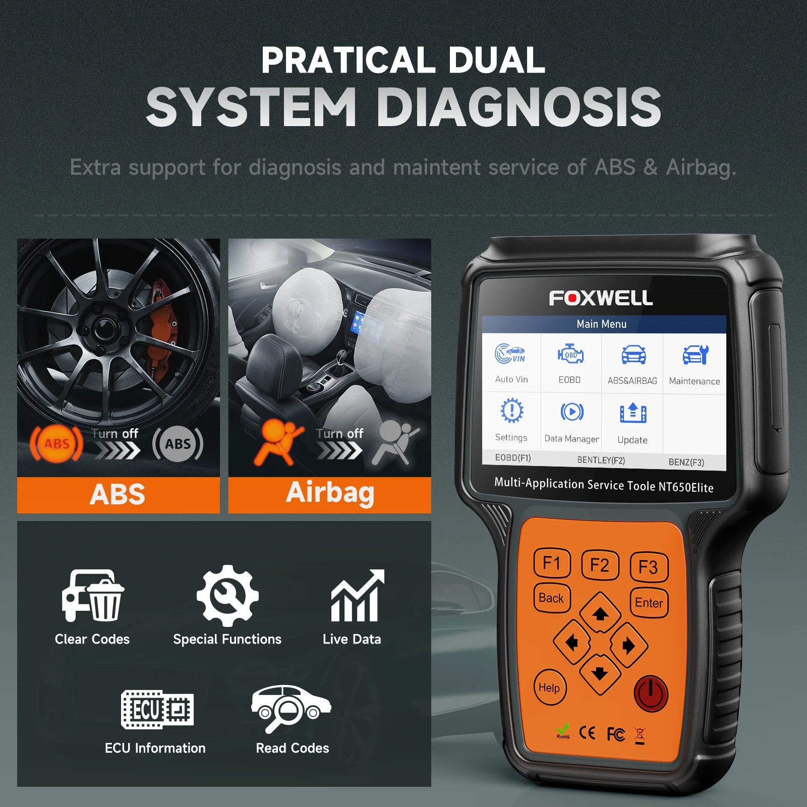 FOXWELL NT650 Elite Car OBD2 Scanner Diagnostic Tools ABS SRS Code Reader EPB TPMS DPF BRT Oil Reset OBD2 Automotive Scanner
