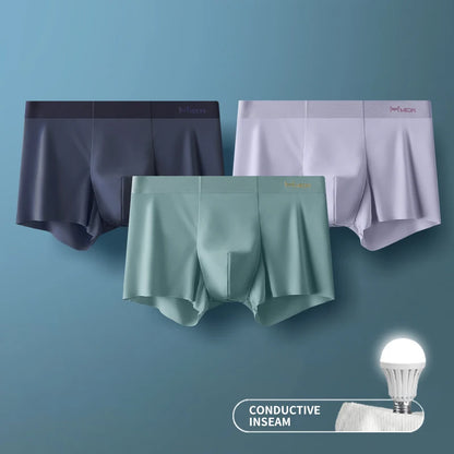 MIIOW 3Pcs Ice Silk Man Underwear Boxer Metal Fiber Antistatic Men Underpants Seamless Cut Hem Men&