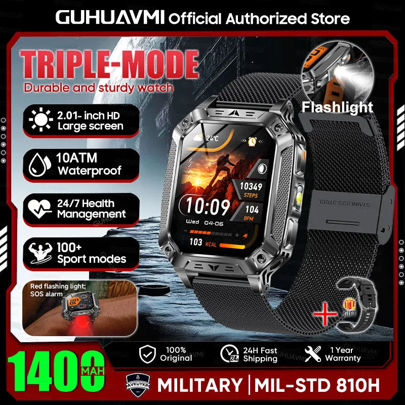 New Rugged Military Smart Watch Men 1400 mAh battery 2.01inch AMOLED Bluetooth Call 10ATM Waterproof LED flashlight Smart watch
