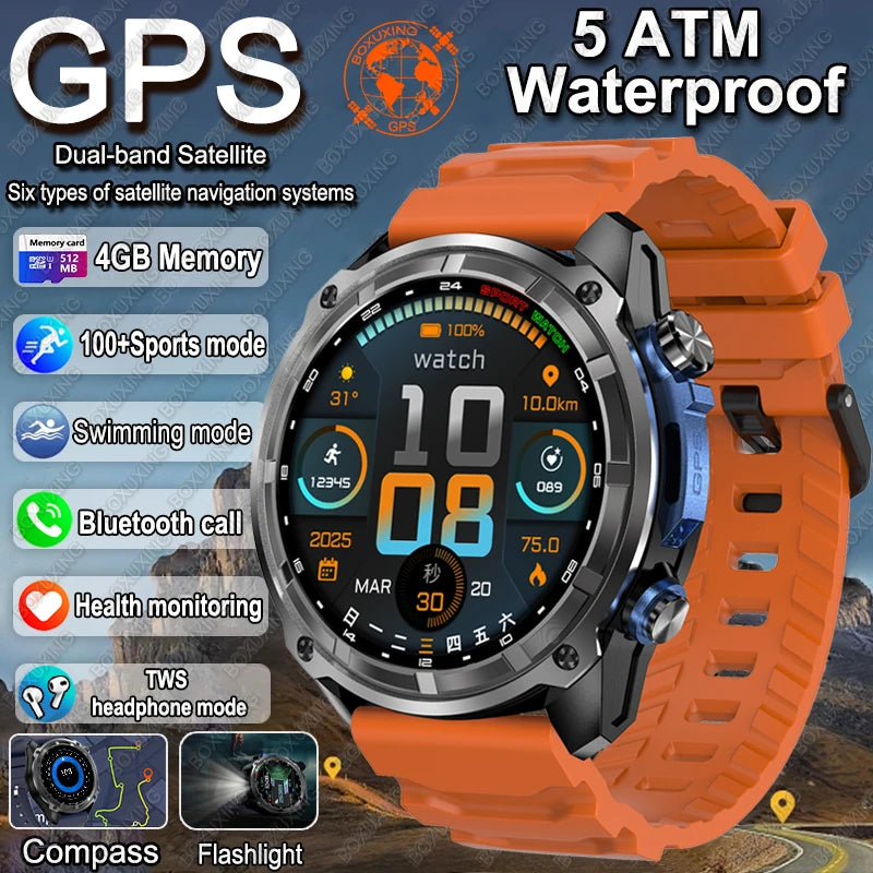 2025 New Military GPS Smart Watch Men Offline Map Compass 5ATM Waterproof 4GB Memory 860 mAh Swimming Sapphire Screen Smartwatch