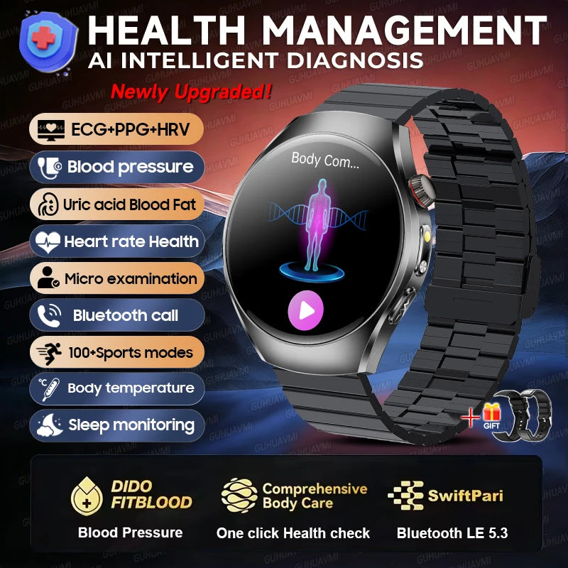 2026 New Accurate Body Health analysis Smart Watch Men ECG Blood lipids Uric acid Blood Pressure Body Fat Voice Call Smartwatch